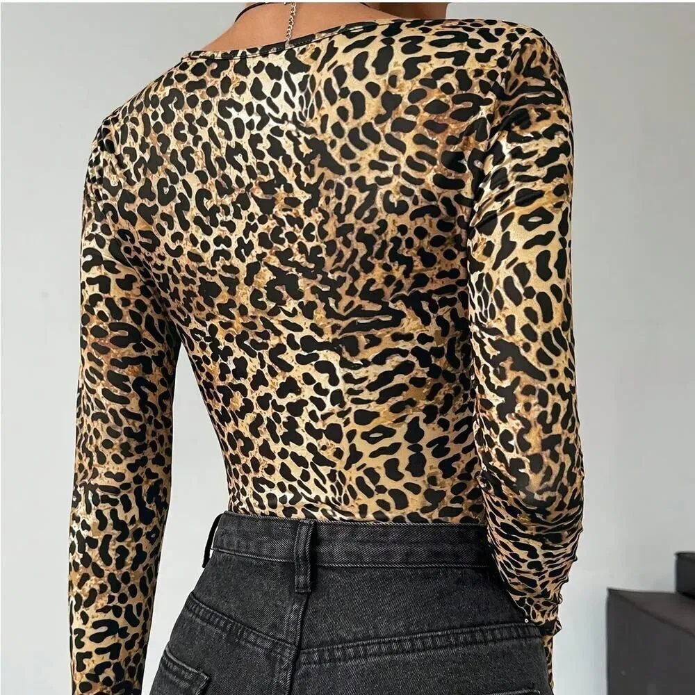 Leopard Print Long Sleeve Bodysuit Beige Brown | Sexy Animal Print Top Size S - Picture 6 of 10